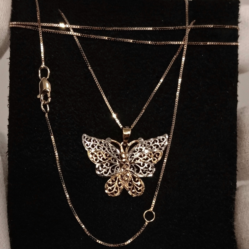 10k Gold Necklace Butterfly 2-tone Pendant + Adjustable chain Solid real 10kt